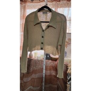 Urban Outfitters Beige Open-Knit Collared Button-Up Cardigan Sweater S-P